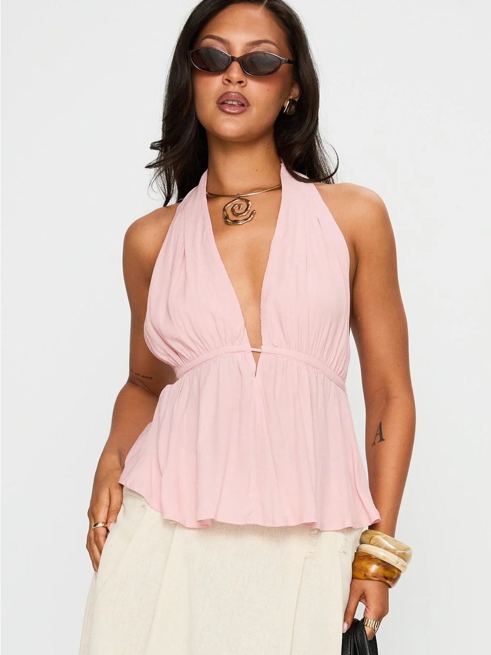 Plunging Halter Peplum Top - Blush Pink